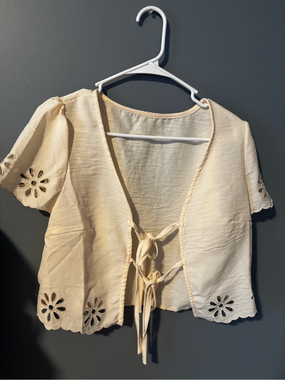 Women's Cream Tie-Front Eyelet Short Sleeve Top & pants matching set